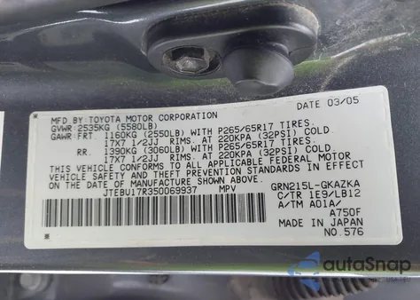 2005 Toyota 4Runner Limited V6 from USA, damaged, VIN JTEBU17R350069937